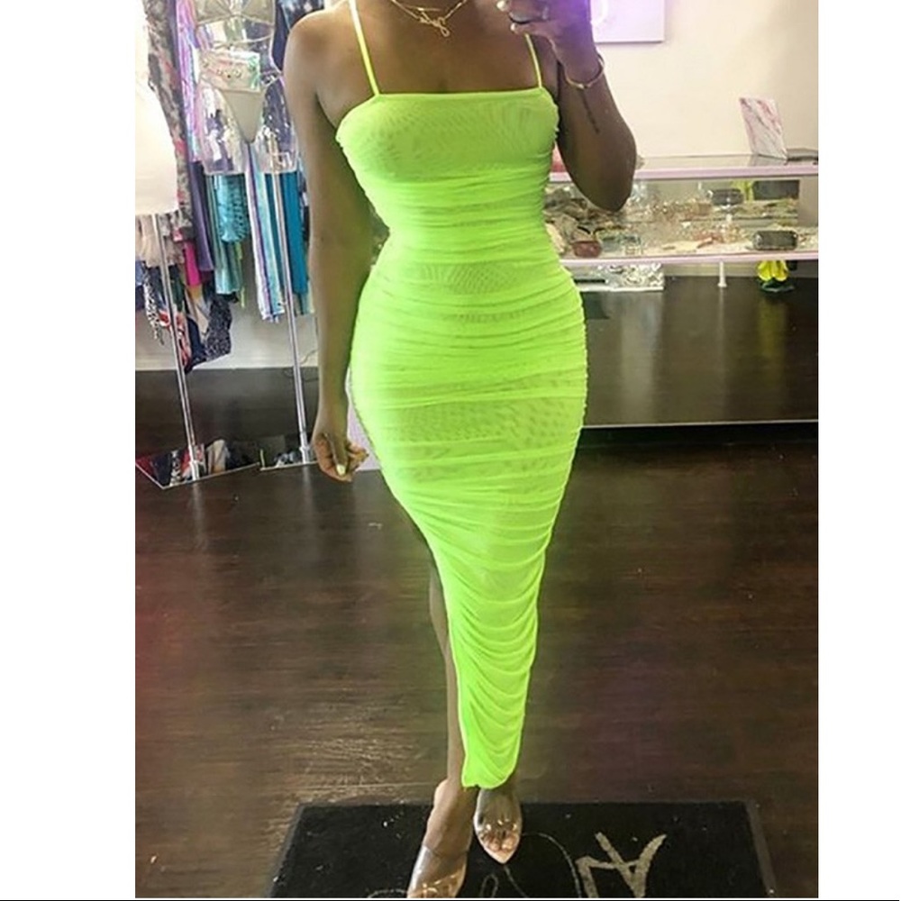 Neon Lime Strappy Mesh Ruched Midi Side Slit Dress - Picture 3 of 5